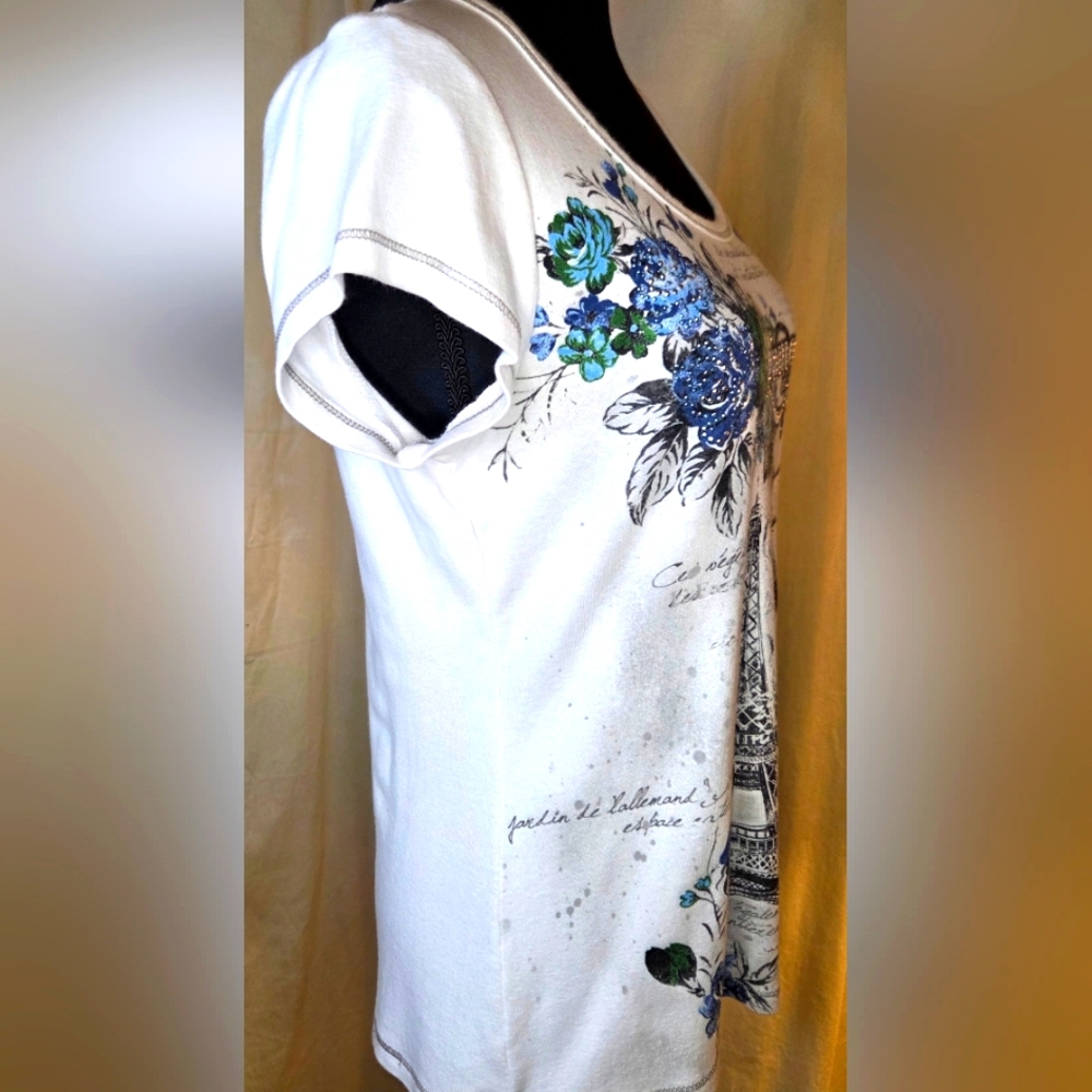 ✨️UPDATED✨️ VTG Y2K Blue Canyon Paris Graphic Tee Rhinestone Eiffel Tower Top M - Picture 7 of 15